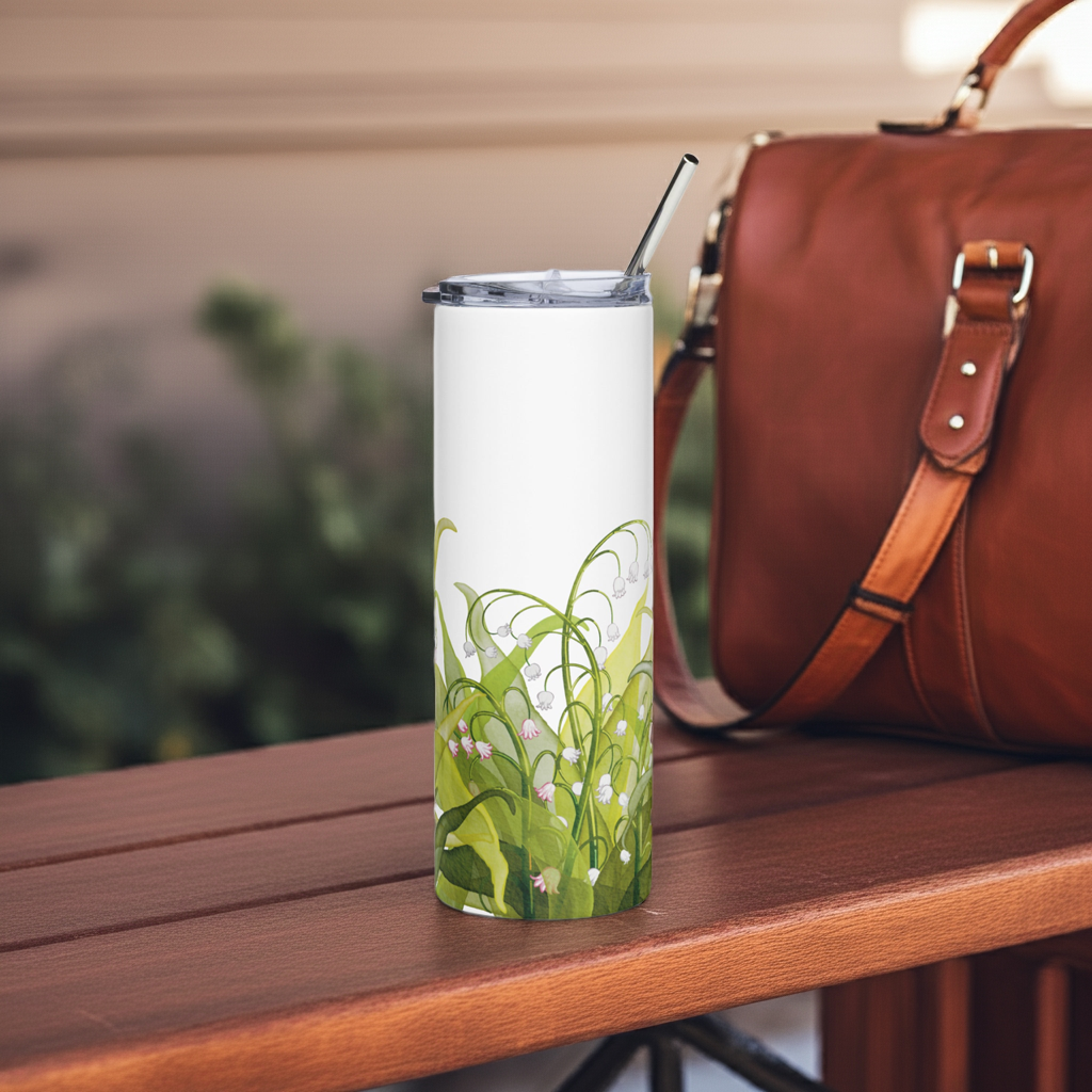 Lily of the Valley Tumbler Elegant Keepsake for daily sips next to a work bag