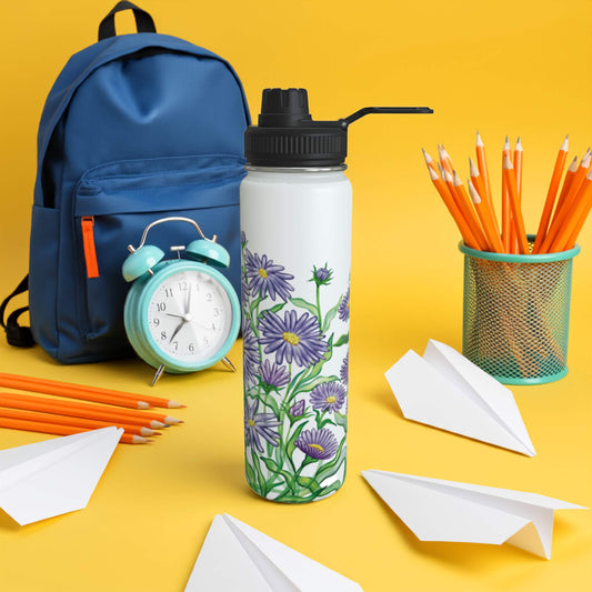 Floral-patterned water bottle with backpack, pencils, and paper airplanes on a bright yellow background