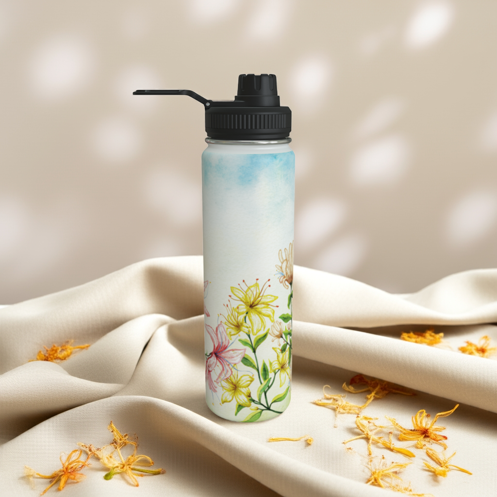 Honeysuckle birth flower water bottle on an ivory linen