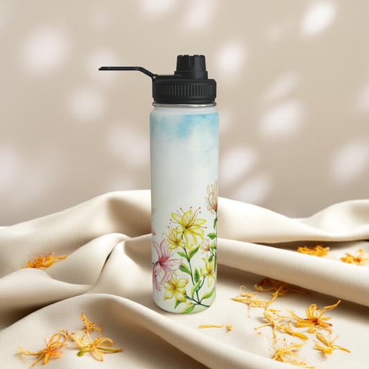 Honeysuckle birth flower water bottle on an ivory linen