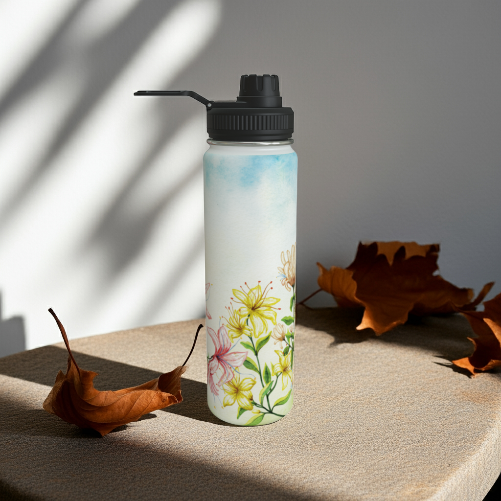 Honeysuckle birth flower water bottle on a stone surface