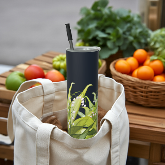 Lily of the Valley tumbler in matte finish showcasing May’s birth flower, tucked into a canvas tote bag.