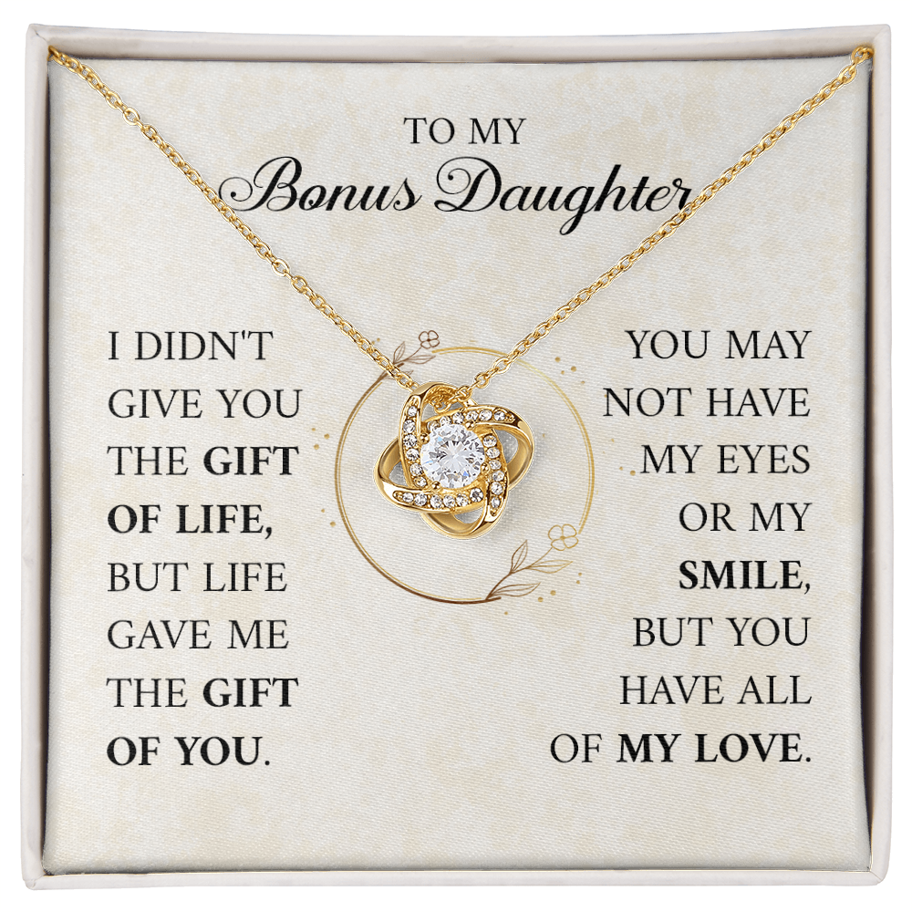 ShineOn Fulfillment jewelry with "To My Bonus Daughter — Gift of Life" engraved charm, elegant silver finish, sentimental gift.
