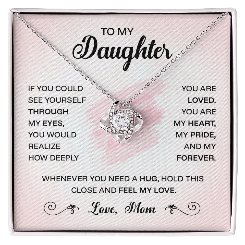 ShineOn Fulfillment jewelry piece titled "To My Daughter — Through My Eyes," featuring a heartfelt design in a close-up shot.