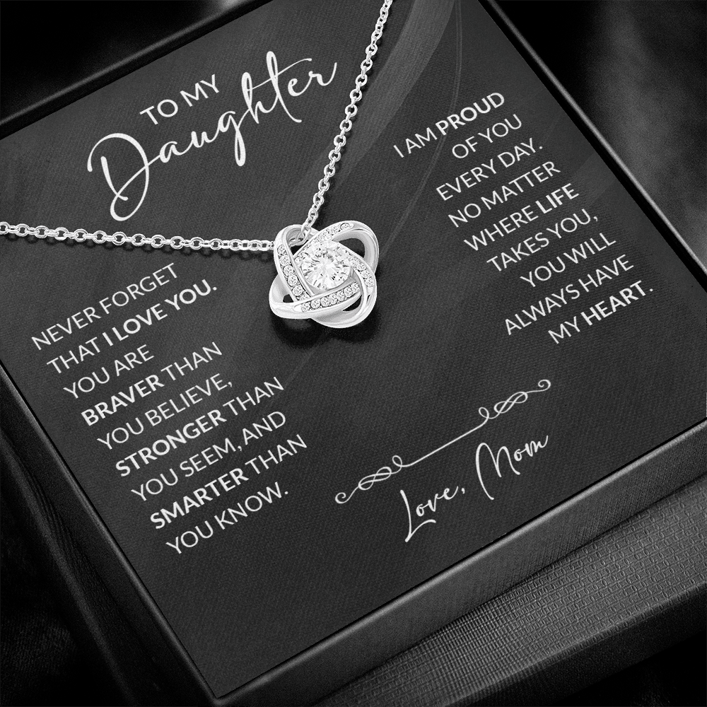 Silver jewelry piece titled "To My Daughter — Braver Than You Believe" with engraved heartfelt message from ShineOn Fulfillment.