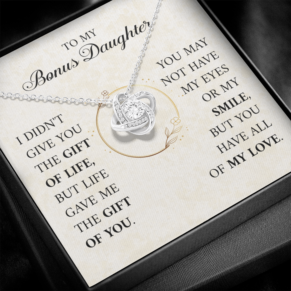 ShineOn Fulfillment jewelry gift with engraved message for bonus daughter, featuring a heartfelt "To My Bonus Daughter — Gift of Life" inscription.