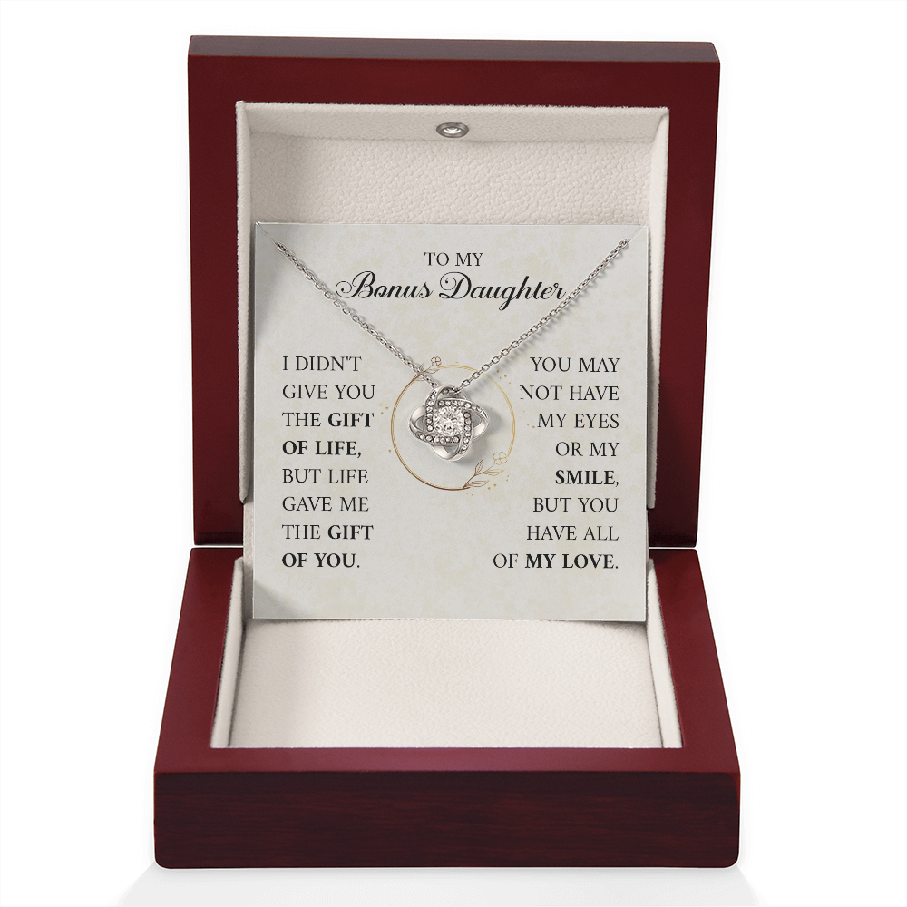 ShineOn Fulfillment jewelry piece titled "To My Bonus Daughter — Gift of Life" with intricate design and heartfelt message.