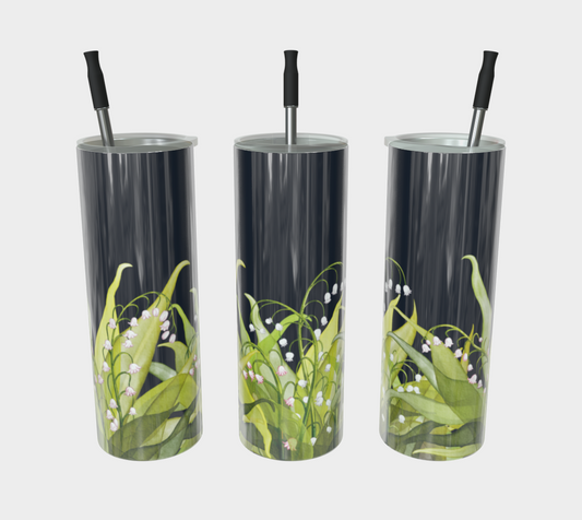 Three Lily of the Valley tumblers in bold glossy finish, featuring May’s birth flower in a floral design on stainless steel drinkware.