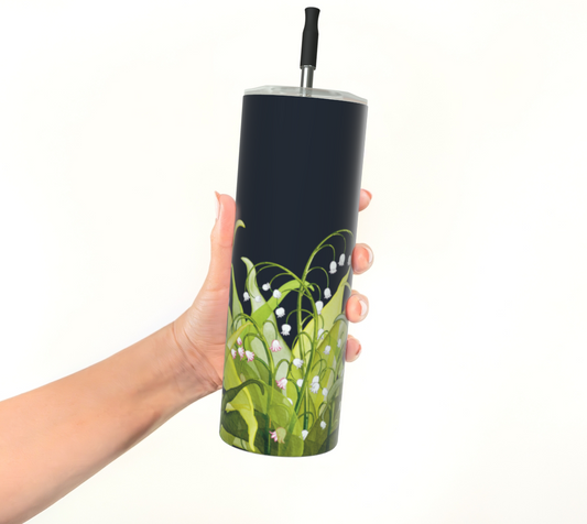Hand holding Lily of the Valley tumbler with matte finish, showcasing May’s birth flower on stainless steel drinkware.