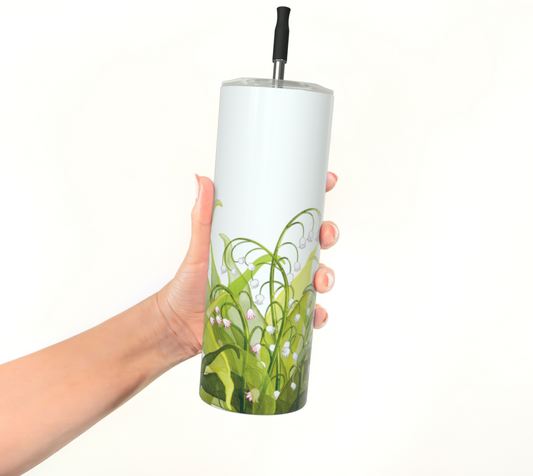 Lily of the Valley tumbler held in hand – Canadian edition, 20oz stainless steel drinkware 