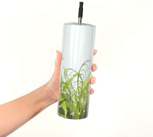 Hand holding Lily of the Valley tumbler with glossy finish, Canada-made and featuring May’s birth flower on stainless steel.