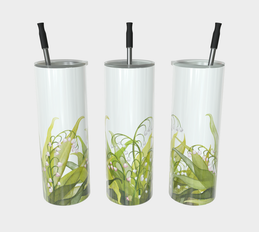 Three Lily of the Valley tumblers in glossy finish, Canada-made and featuring May’s birth flower on stainless steel drinkware.